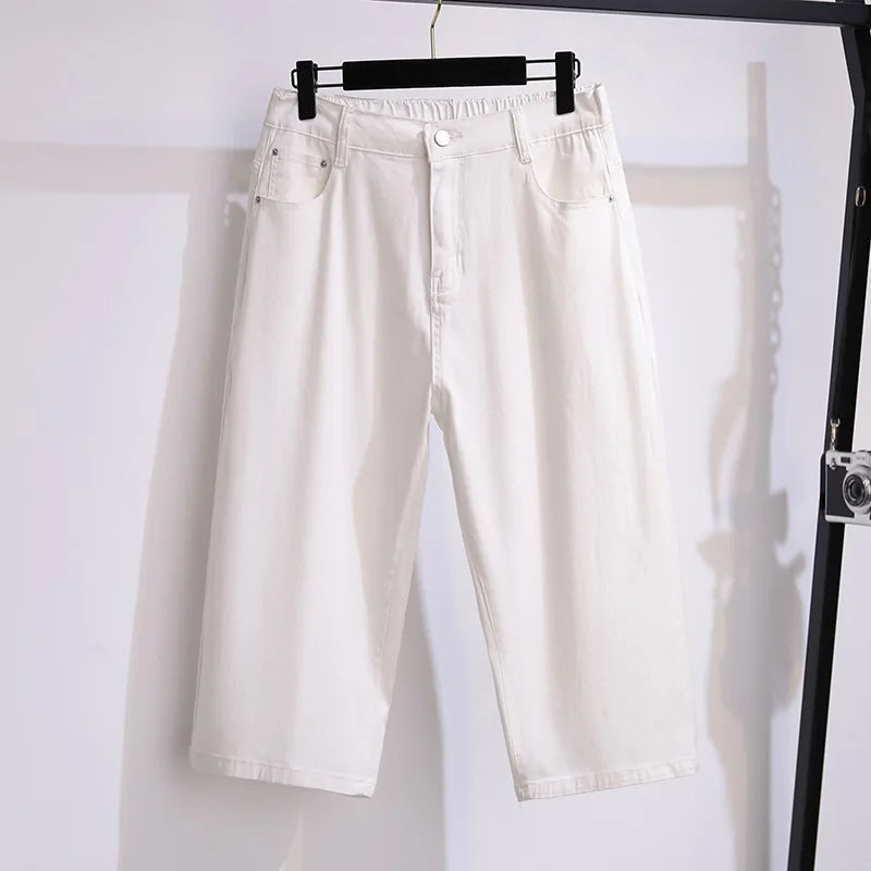 155Kg Plus Size Women Hip 150 Summer Loose Denim Capris High Waisted Straight Stretch Wide Leg Pants 4XL 5XL 6XL 7XL 8XL 9XL