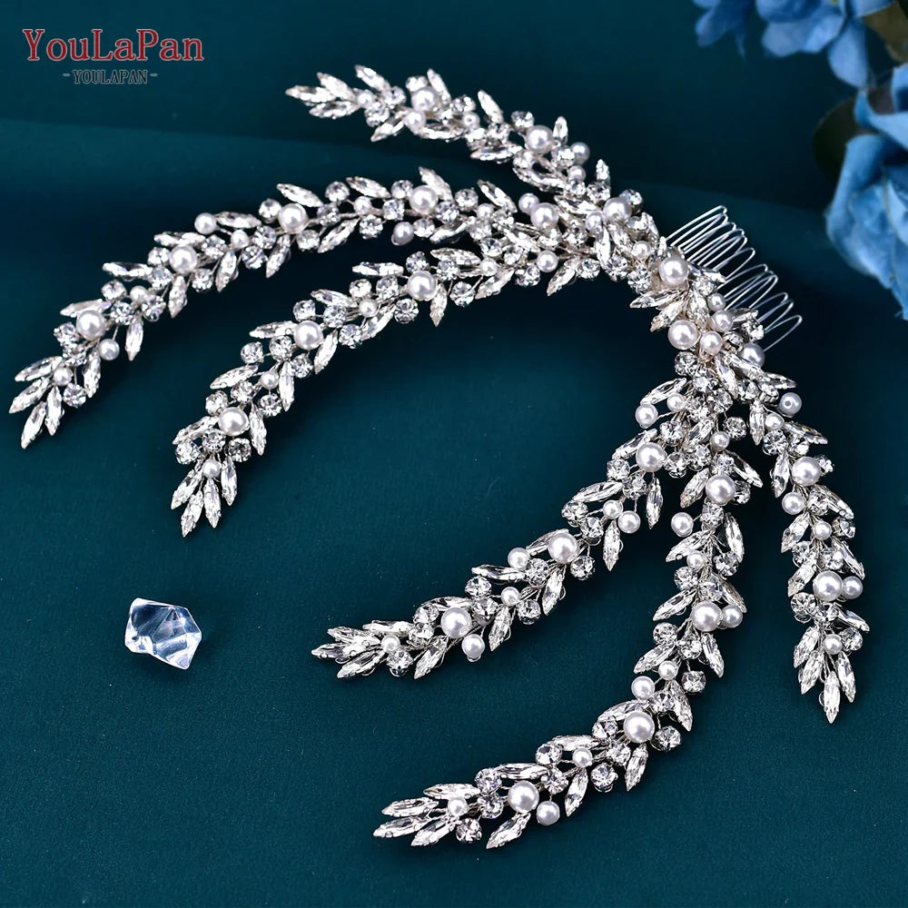 YouLaPan Rhinestone Pearl Headpiece with Comb Bridal Headwear Wedding Hair Accessories Jewelry Woman Headdress Bride Tiara HP530