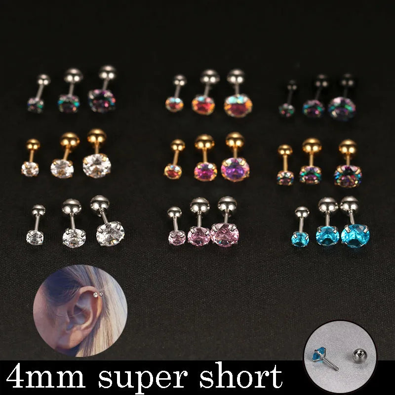 2PCS 4mm Short Ear Studs Earring Outside Upper Helix Earrings Titanium Steel CZ Crystal 3mm 4mm 5mm Mix Colors 0.8mm 20G Screw