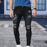 White Embroidery Jeans Men Cotton Stretchy Ripped Skinny Jeans High Quality Hip Hop Black Hole Slim Fit Oversize Denim Pants