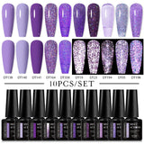 10Pcs Nude Glitter Gel Nail Polish Set Purple Pink Reflective Glitter Semi Permanent Varnishes Soak Off UV LED Nail Art Gel Kits