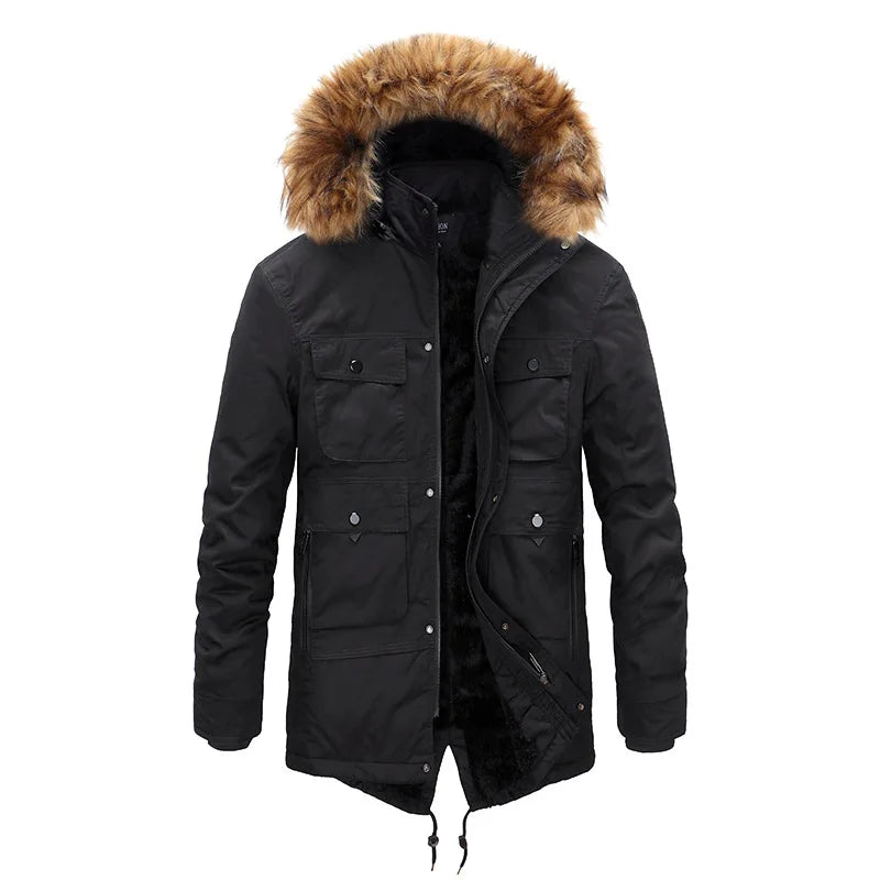 2024 New Winter Men Long Coat Military Fur Hood Warm Tactical Bomber Army Korean Thick Multi Pockets Overcoat Male Warm Parka