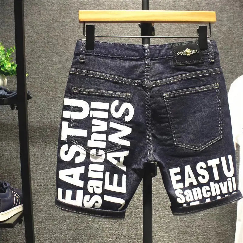 Summer 2023 New Korean Letter Printed Luxury Fashion Slim Jeans Classic Cowboy Men Casual Blue Boyfriend Street Classic Shorts