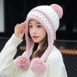 New Knitted Hat Thick Warm Earflap Hats Scarf 2Pcs Set Fleece Lined Ball Pompom Skullies Beanies Women Winter Rabbit Fur Cap