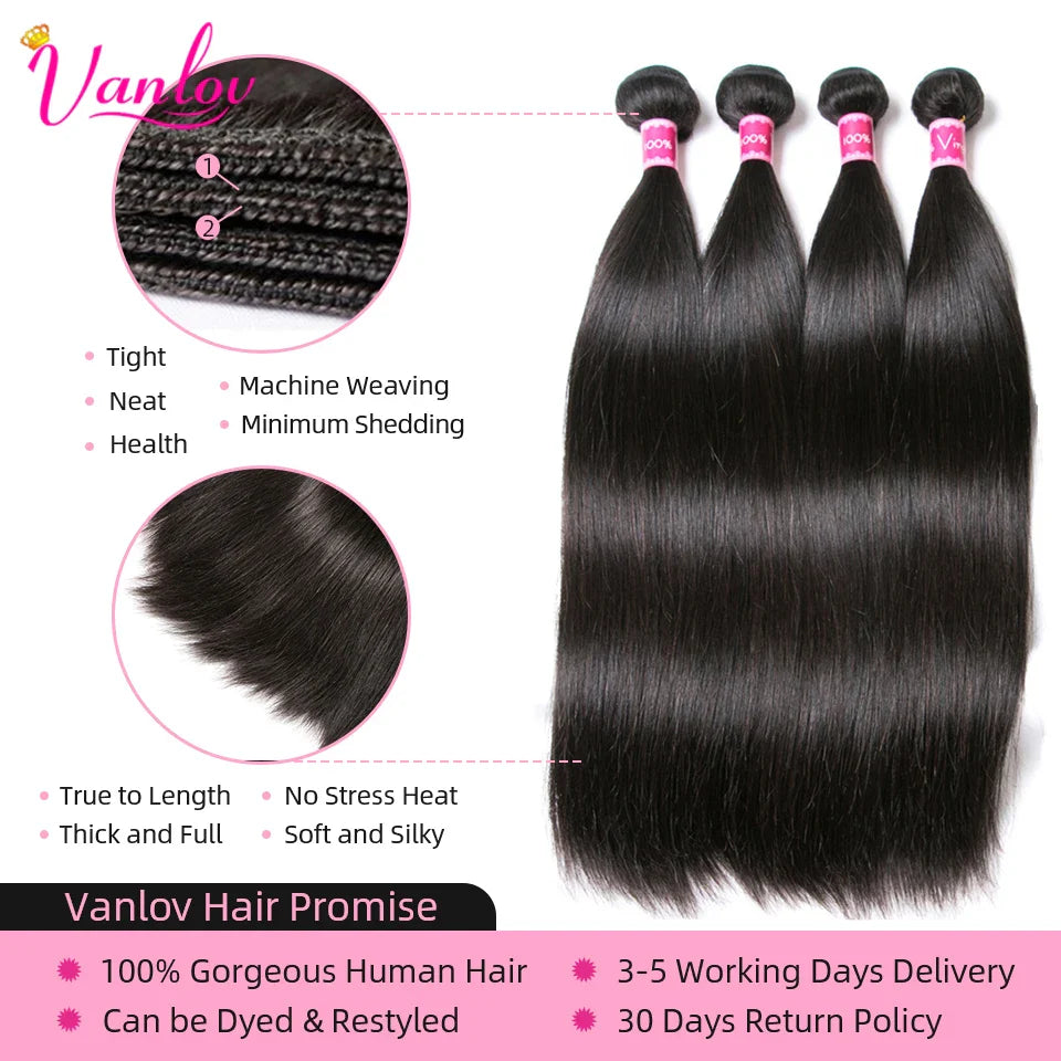 Vanlov Straight Hair Brazilian Straight Human Hair Weave Bundles Natural Black 1/3/4 pcs/lot 100% Human Hair Bundles Remy Hair