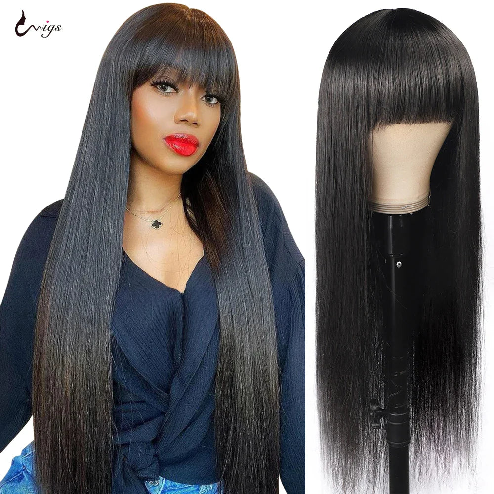 Uwigs Highlight Wig Human Hair Wigs With Bangs Bone Straight Human Hair Wig Full Machine Wigs Ginger Orange 250 Density Lace Wig