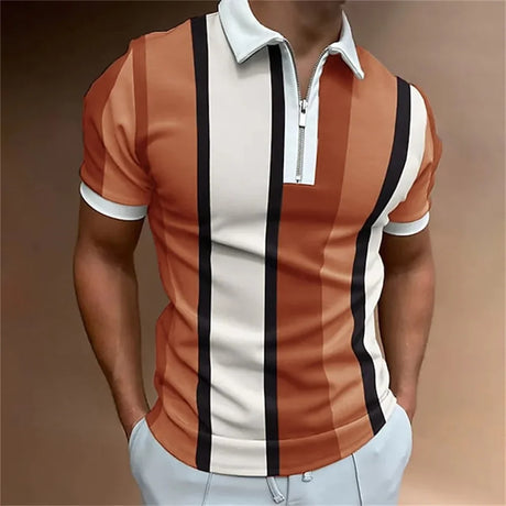 Men's Solid Color Striped Polo Shirt Short Sleeve Golf Turn-down Collar Zipper Polo Shirt&for Men Casual Streetwear Summer Tops