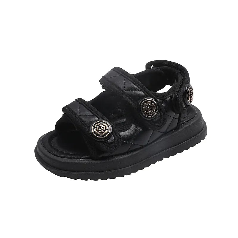 2023 Children Summer Sandals Chic Girls Casual Sandals Solid Black Kids Fashion Princess Japanese Style Classic Flowers Buckle