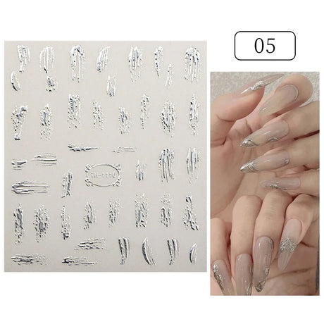 3D Silver Frame Nail Sticker Silver Bronzing Stripe Lines Sliders For Nails Tribal Pattern Decals Marble Blooming Nail Tattoos