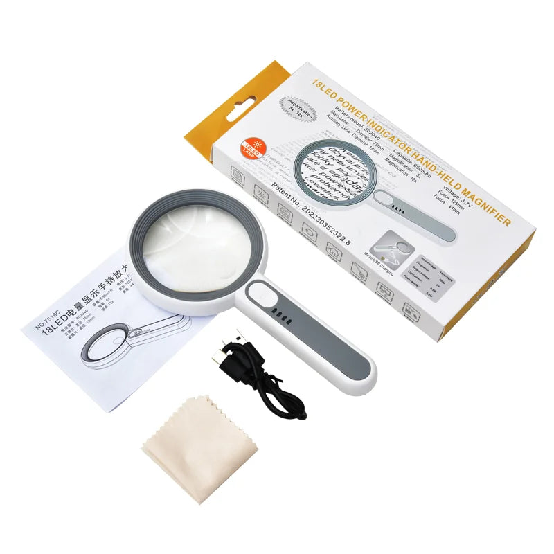 5X 6X 11X 12X Rechargeable Handheld Magnifier 3 Lighting Modes Illuminated Magnifying Glass with LED Light for Reading/Repair