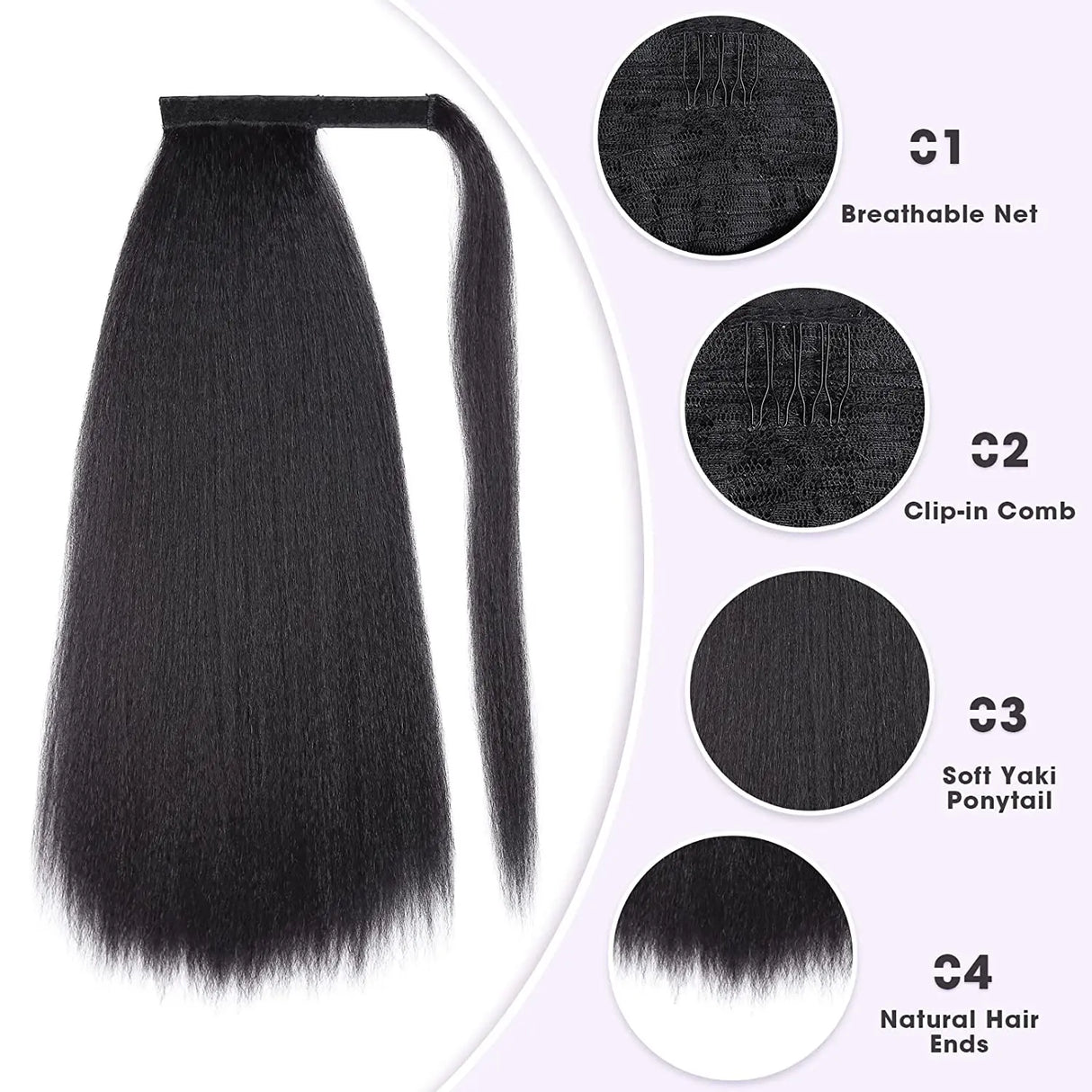 HANNE Yaki Straight Ponytail Hair Extensions For Black Women Wrap Around Clip In Magic Paste Heat Resistant Synthetic Hair Piece