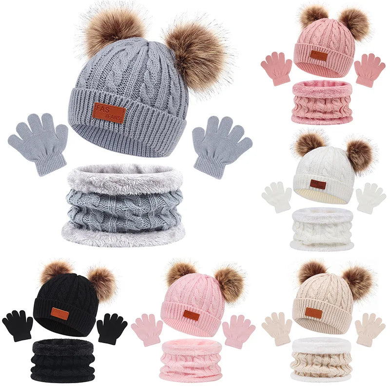 Baby Warm Winter Hats Scarf Gloves 3pcs Set Kids Toddler Bonnet Cute Pompom Knitted Hats Outdoor Warm Infant Accessories 1-5Y