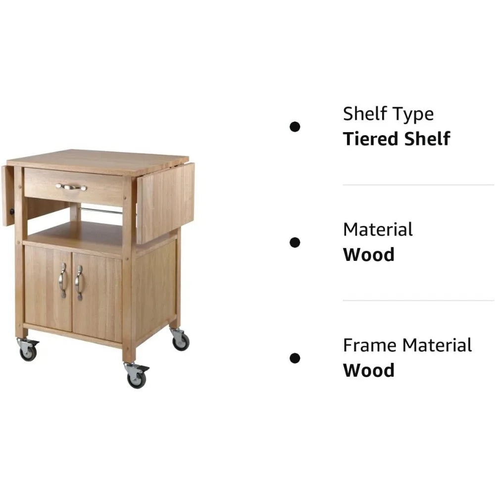 Kitchen island trolley, with storage cabinets, rolling kitchen table with solid wood countertops, drawers, natural color