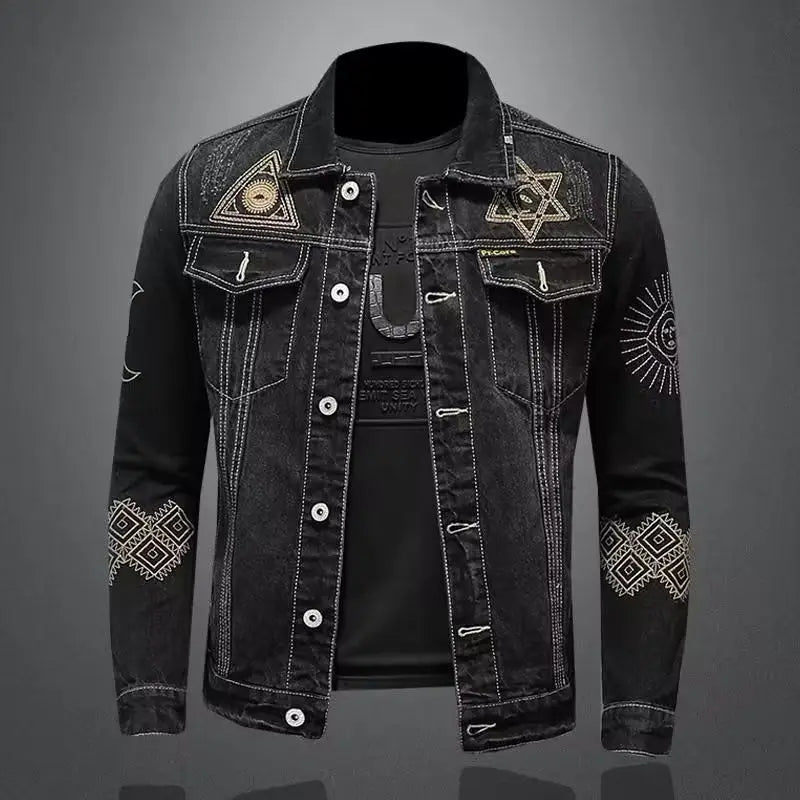 New Spring and Autumn Men's Denim Jacket Classic Retro Embroidered Lapel Motorcycle Jacket Trendy Fashion Loose Casual Denim Top