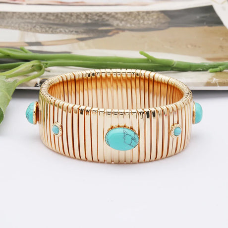 25mm Wide Spring Chain Bracelet For Woman Copper Bangle Natural Stone Malachite Bohemia Exquisite Gold Color Fashion Jewelry