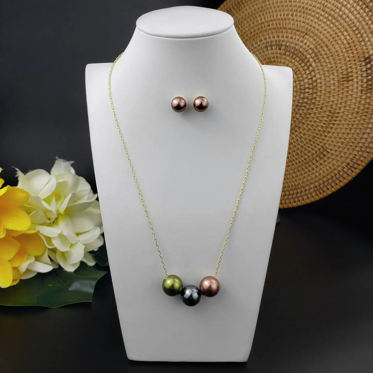 Lustrous Triple Round Floating Black Pearl Necklace Earring Jewelry Set Handmade Hawaii Polynesian Bridesmaid Gift