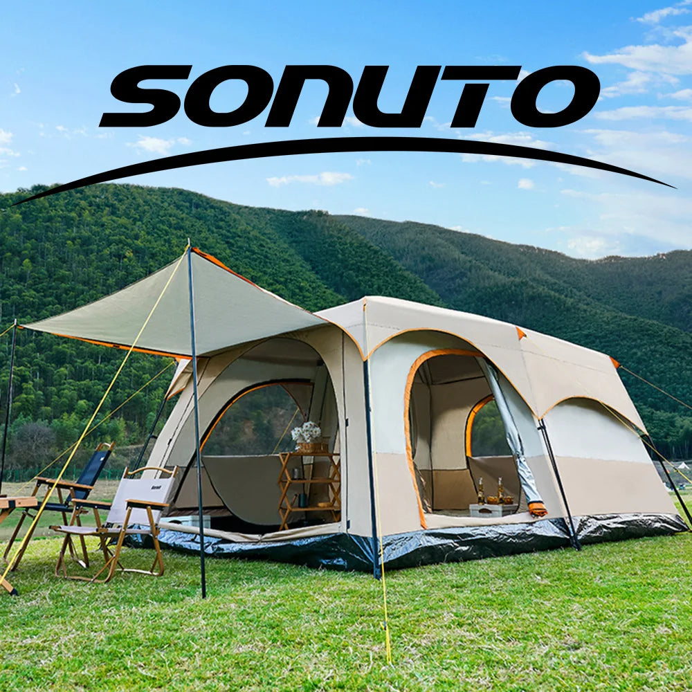 Sonuto Camping Family Tent 3-12 Person Double Layers Oversize 2 Rooms Thickened Rainproof Outdoor Family Camp Tour Equipment