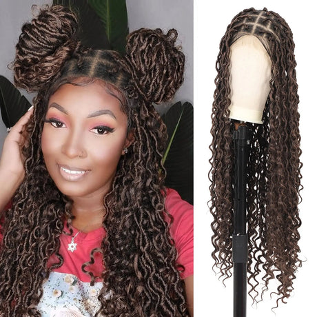 kalyss 32" Square Knotless Locs Briaded Wigs Full Lace Briaded Wig With Boho Curls Synthetic Lace Front Braided Wigs