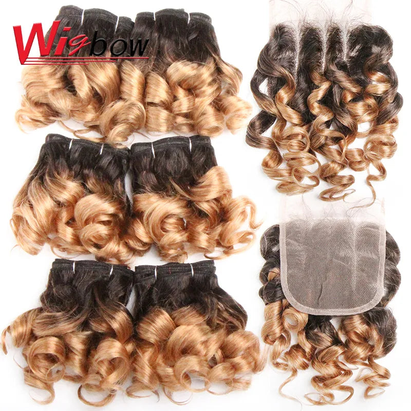 Human Brazilian Hair Weave Bundles With Closure Ombre Bouncy Curly Hair Bundles With 4x4 Closure For Women T1B27/30/99J 6+1/Lot