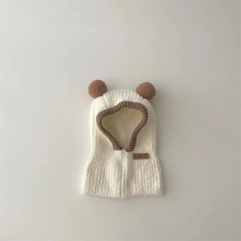 Korean Baby Hood Beanies One Piece Scarf Cap Winter Warm Knitted Ear Protection Balaclava Hat Solid Color Infant Headgear Bonnet