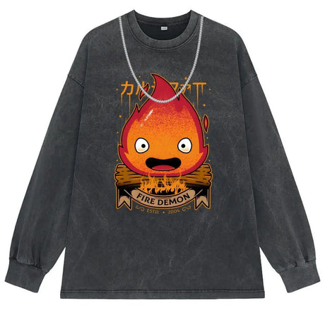 Calcifer Demon T Shirt Hip Hop Fall Washed Tshirt Retro Sweatshirts For Boys Long Sleeve Family Style Streetwear Funny T Shirt