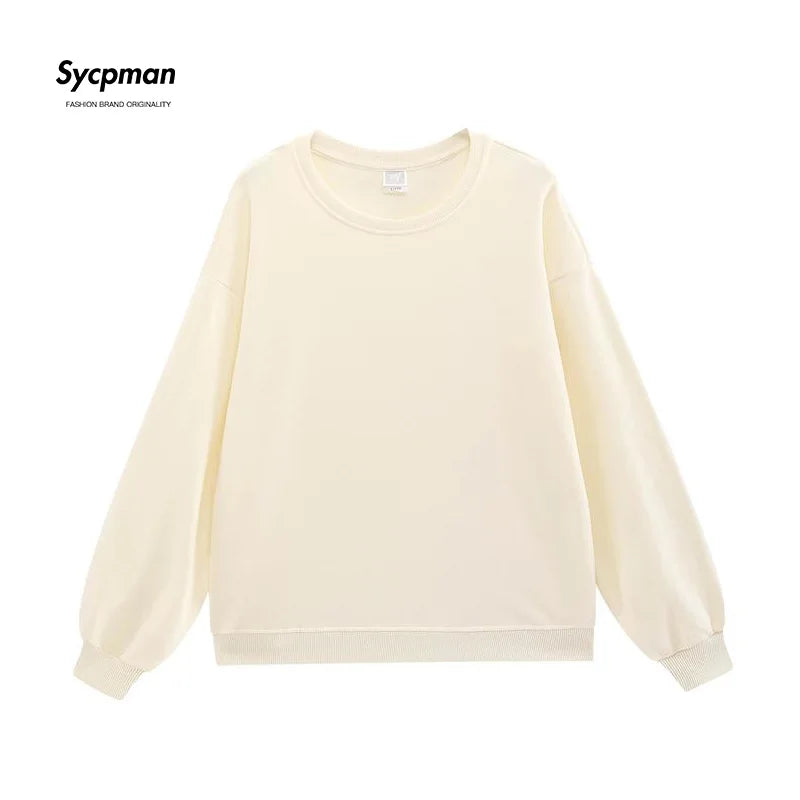 10.6oz 300gsm Cotton Pullover Sweater Men Solid Color Long Sleeve Round Neck Hoodless T-shirt Spring Autumn Coat Women