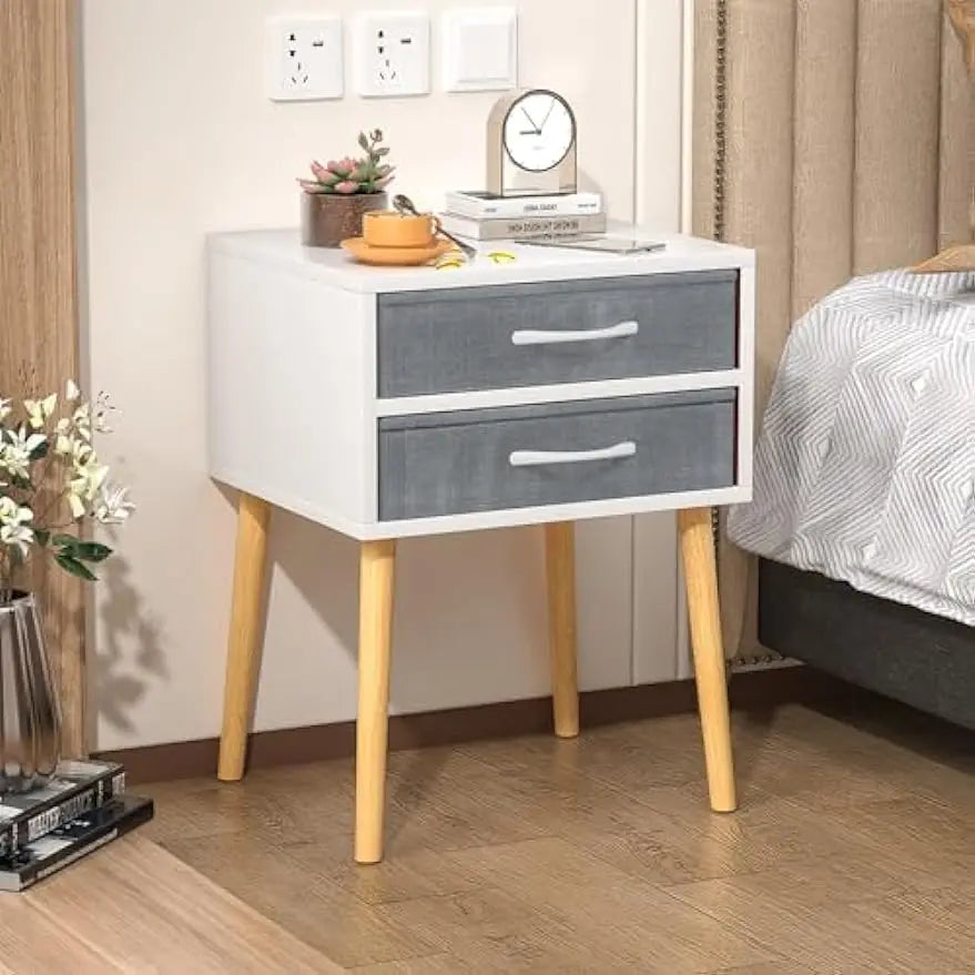 Nightstand with Drawer, Modern White Night Stand  Solid Wood Legs, Bedside Tables Bedroom  Side  wi