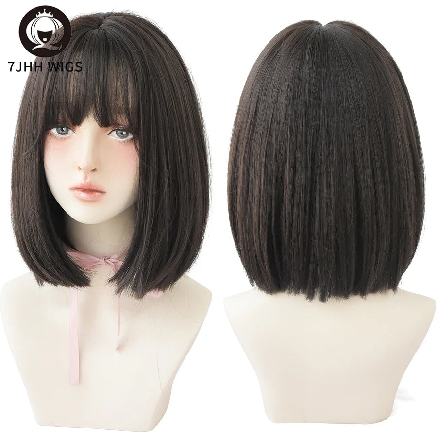 7JHH WIGS Black Short Bob Wig for Girl Daily Wear Synthetic Wig New Style Natural Supple Summer  Heatresistant Wig With Bangs