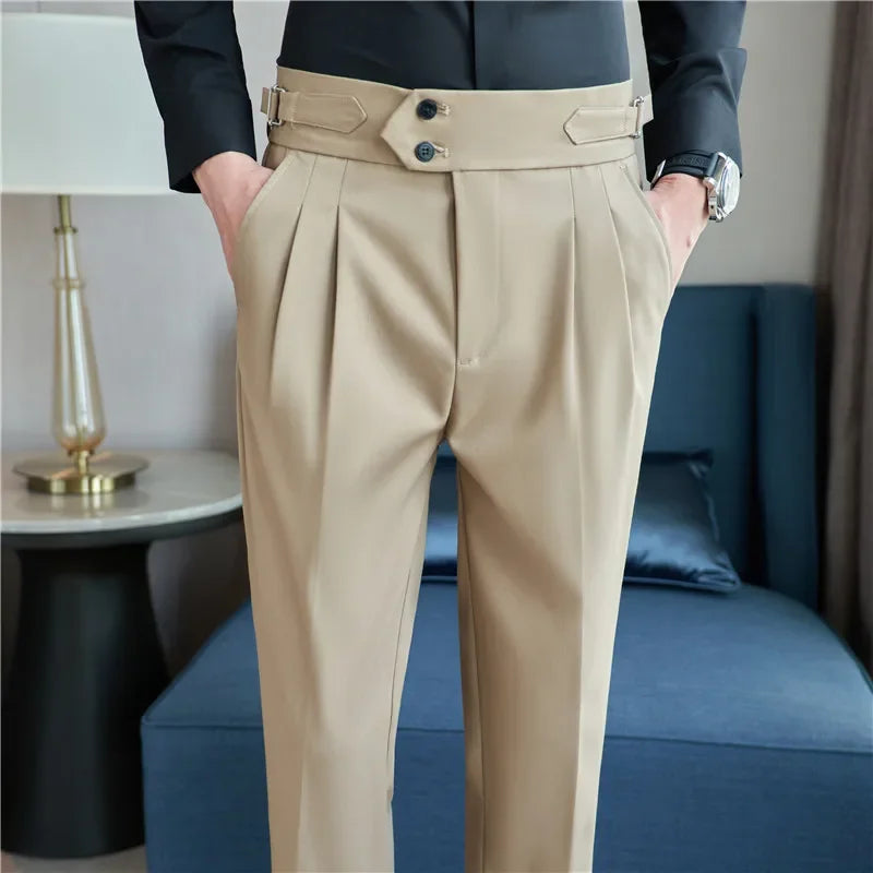 British Style Men High Waist Dress Pants 2023 Autumn Solid Color Casual Trousers Slim Fit Formal Suit Pants Fashion Men Clothing