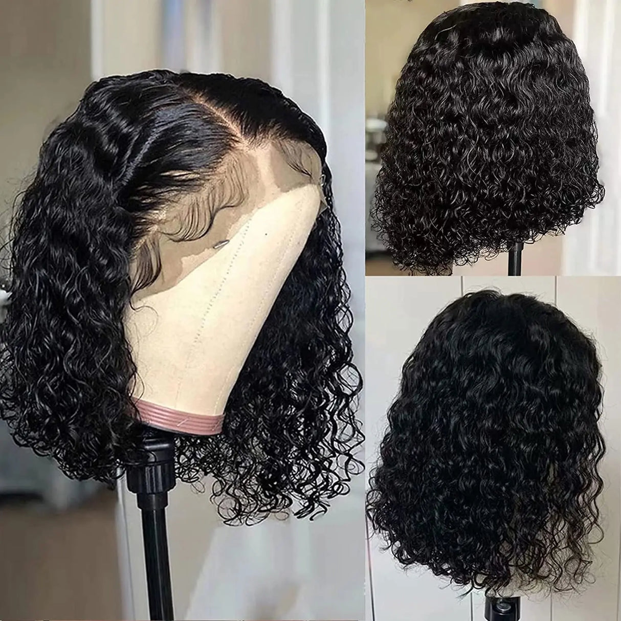 Bob Lace Wig Black Curly For Women Deep Water Curly Wave Human Hair Wigs 100% Remy Natural Hair Short Lace Frontal T Part Wig