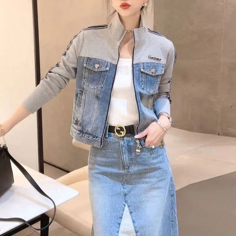 Female Clothing Vintage Spliced Denim Coats Spring Autumn Stand Collar Long Sleeve Casual Zipper Striped Korean Pockets Jackets