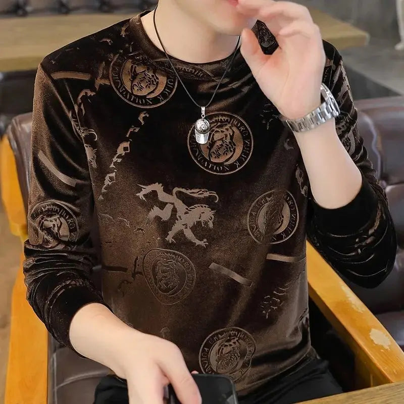 Autumn Winter New Round Neck Jacquard Casual Sweatshirt Male Solid Color Tee Top Homme Loose Fashion All-match Velvet Pullovers