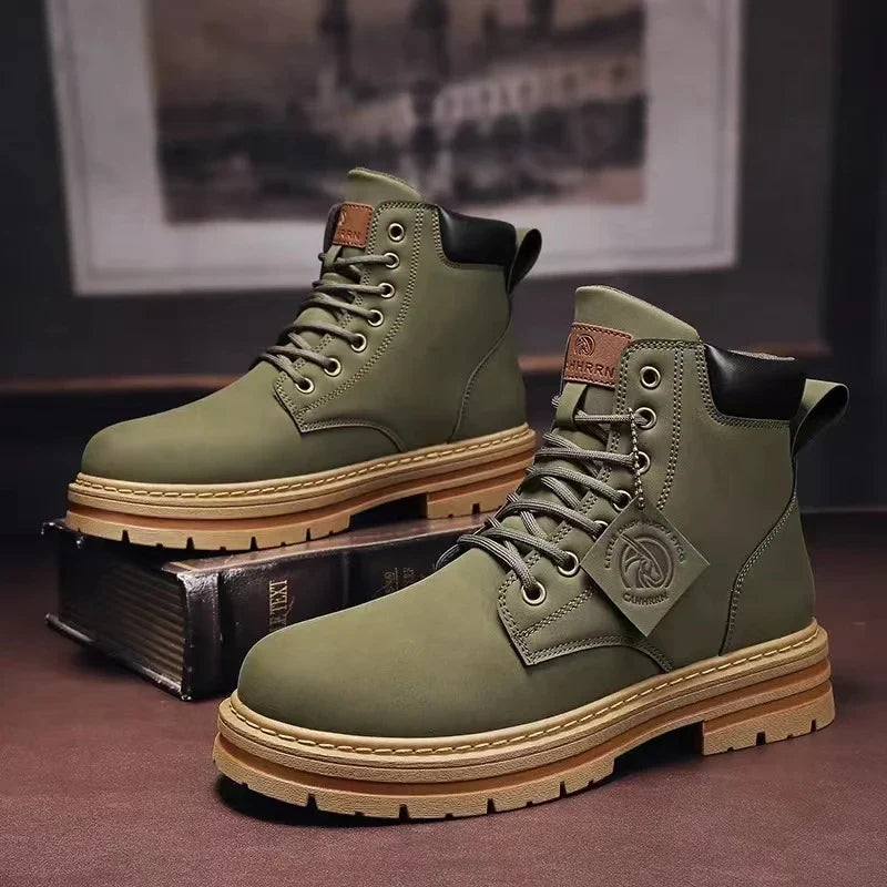 Green Men Ankle Boots Platform Men's Leather Shoes High Top Martin Boots Male Military Boots Work Safety Shoes for Men Size 48