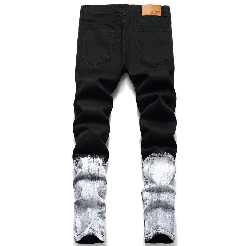 Men Rose Embroidery Jeans Fashion Holes Ripped Stretch Denim Pants Bottom Zipper Slim Tapered Pencil Trousers White Black