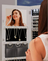 8 LEDs Jewelry Cabinet Armoire, 64.8-inch Jewelry Organizer, Lockable Full-length Mirror, Storage Shelves with Hooks, White