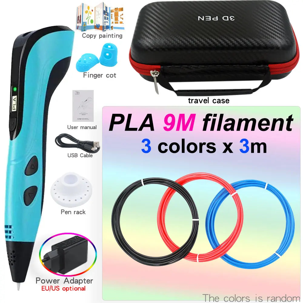 Kids' 3D Printing Pen Set with LED Display - Includes 200M PLA Filament, Power Adapter, and Storage Case - Perfect Gift for Christmas or Birthdays!