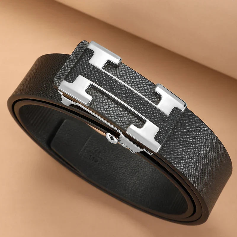 3.4cm Wide Automatic Metal Buckle Belt For Men Genuine Leather Waistband High Quality luxury Brand Casual Cowskin Ceinture Homme