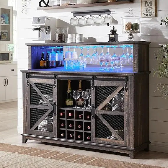 OKD Farmhouse Coffee Bar Cabinet with LED Lights, 55" Sideboard Buffet Table W/Sliding Barn Door & Wine and Glass Rack