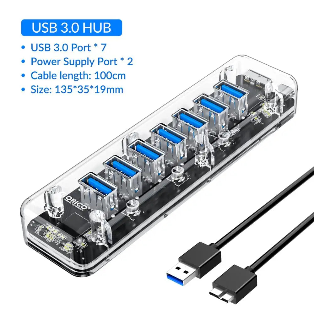 ORICO Transparent Series USB HUB Multi 4 7 Port High Speed USB3.0 Splitter With Micro USB Power Port For Laptop PC OTG Adapter