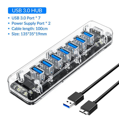 ORICO Transparent Series USB HUB Multi 4 7 Port High Speed USB3.0 Splitter With Micro USB Power Port For Laptop PC OTG Adapter