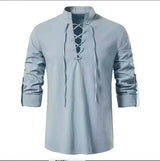 2023 men's new Amazon men's cotton and linen Henry shirt long sleeved hippie casual beach stand up collar shirt European size