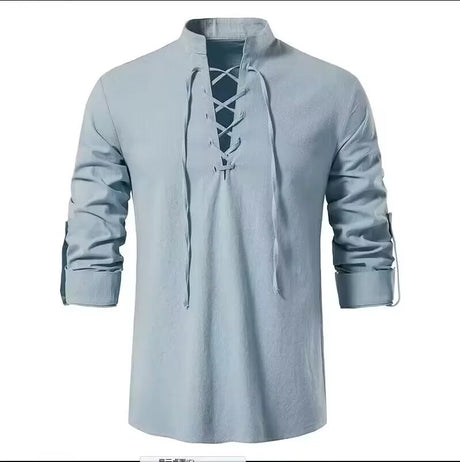 2023 men's new Amazon men's cotton and linen Henry shirt long sleeved hippie casual beach stand up collar shirt European size