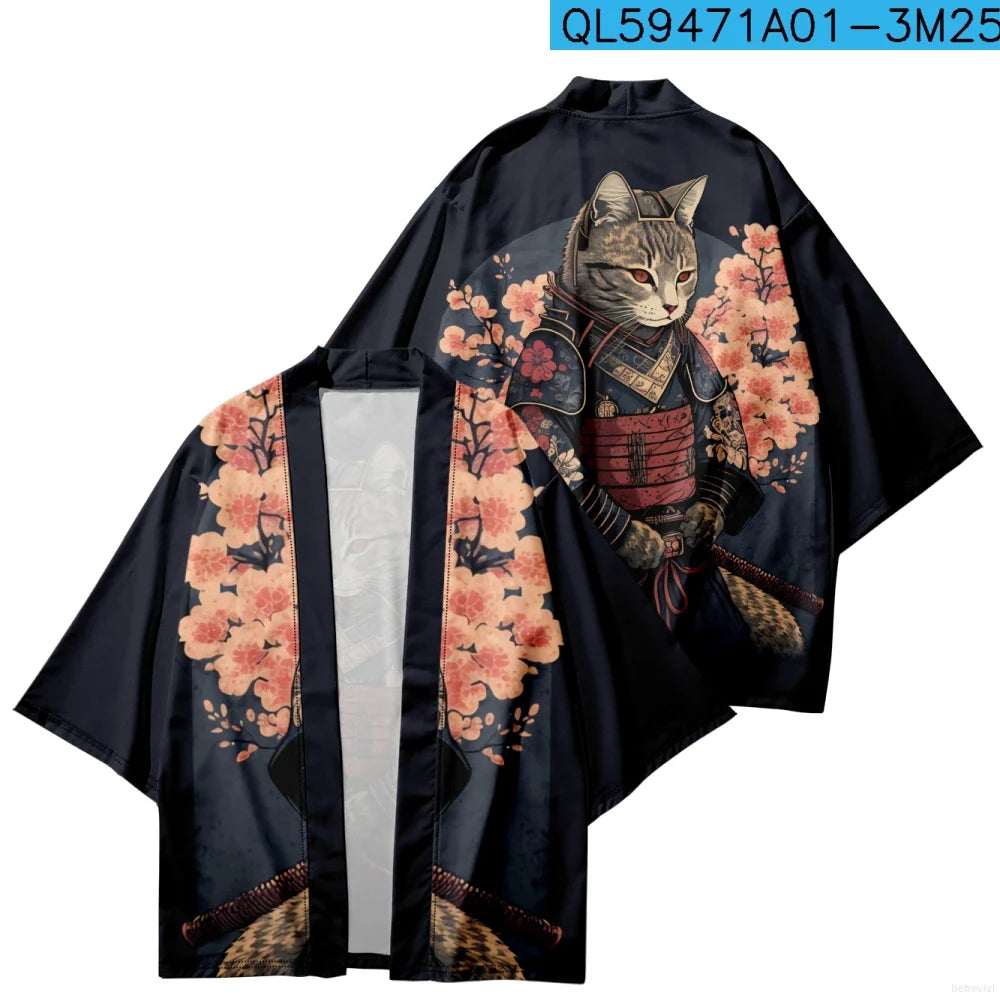 Plus Size Japanese Sakura Cat Samurai Print Kimono Streetwear Men Women Cardigan Harajuku Traditional Clothes Summer Beach Haori