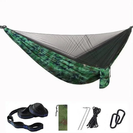 Double Travel Camping Hammock with Mosquito Net,Backpacking Portable Parachute 5+1 Ring Strap Hammock