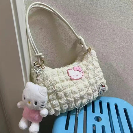 Sanrio Hello Kitty Contrast Color Shoulder Bag Pearl Chain Handbag Fashion Underarm Bag Girl Tote Bag