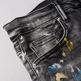 Skinny Tapered Trouser New Retro Splash Ink Jean Old Wash Water Stretch Jean  Hombre Patch Biker Streetwear Ripped Denim Pant