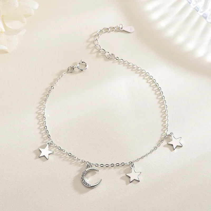 ANENJERY Zircon Moon Star Pendant Chain Bracelets for Women Trendy Simple Hand Jewelry Accessories Girls Birthday Gifts