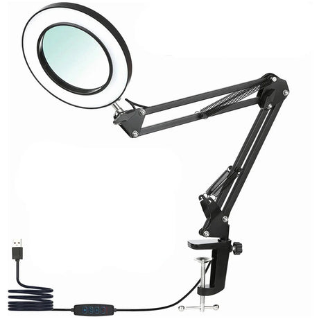 8x Magnifier Glass Swing Arm Flexible Clamp-on Table Lamp  Dimmable Illuminated Magnifier LEDs Desk Light 3 Color Modes Lamp