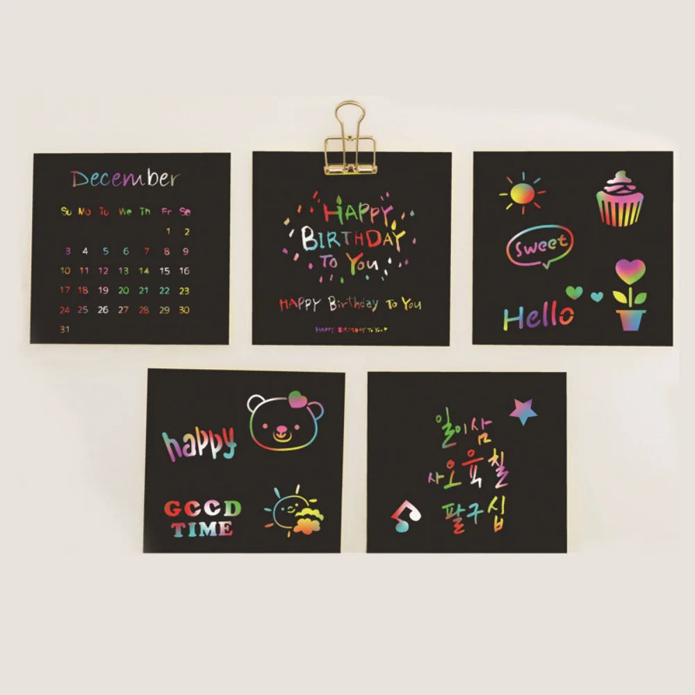 100pcs Rainbow Scratch Mini Notes Paper Pad Cards With 2 Stylus 2 Drawing Stencil Children Kids Draw Painting Toys Craft Gift