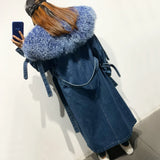 Denim Coat Long 2024 New Coming Denim Windbreak Long With Fur Collar Ladies Jeans Coat